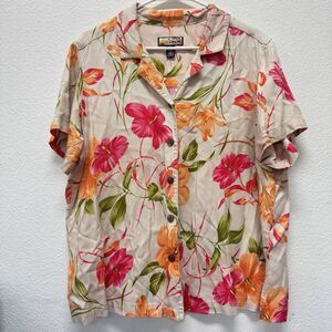 Havana Jack's Cafe Tropical Hawaiian Floral Button up Top Blue Women 1X Camp